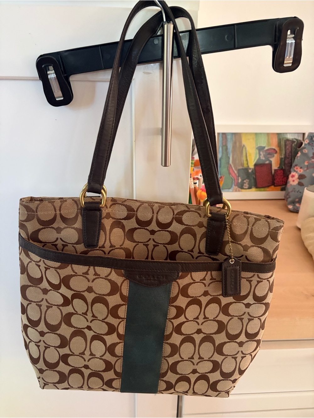 coach C's Brown and Green Striped Bag